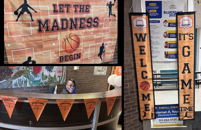  collage of basketball themed decorations on walls and around security desk 